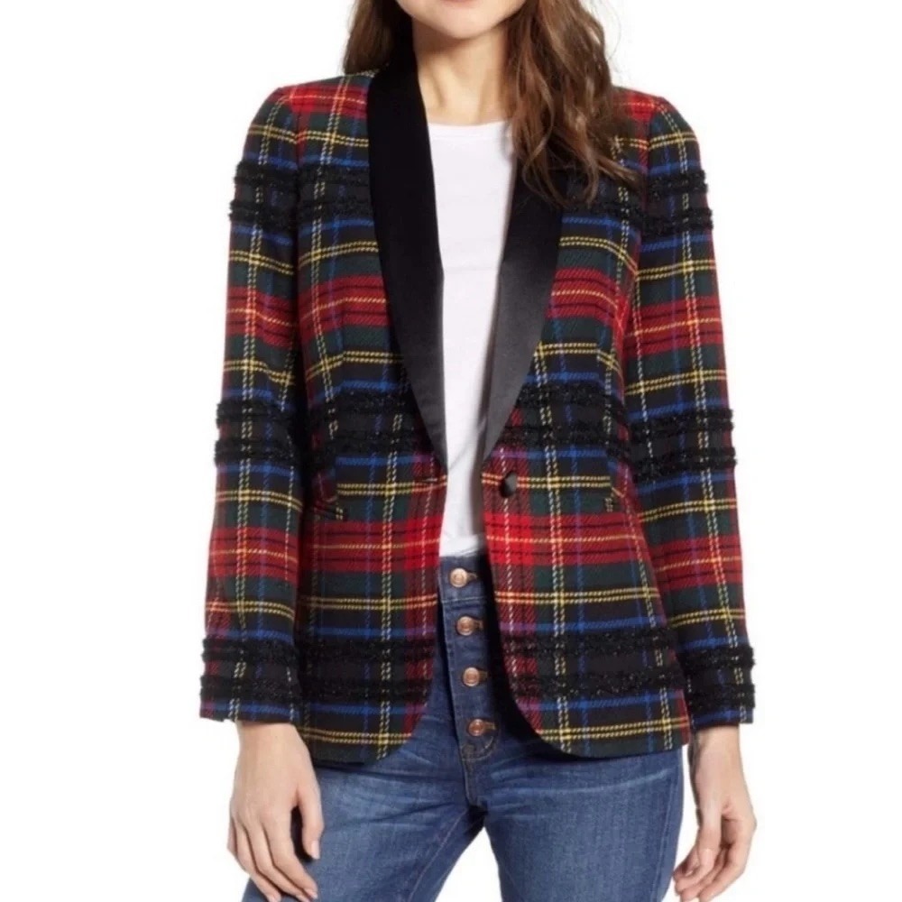 J.Crew Womens Parke Blazer Wool Blend Size 12 Lurex Stewart Plaid Tartan Tuxedo